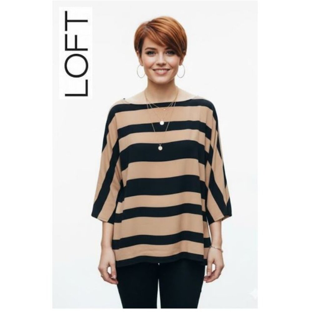 (3 for $30) THE LOFT - striped tan/black lightweight 3/4 sleeve blouse